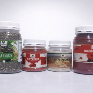 Natural weight loss herbal supplements bundle with chia seeds, cayenne pepper, sea moss and hibiscus tea