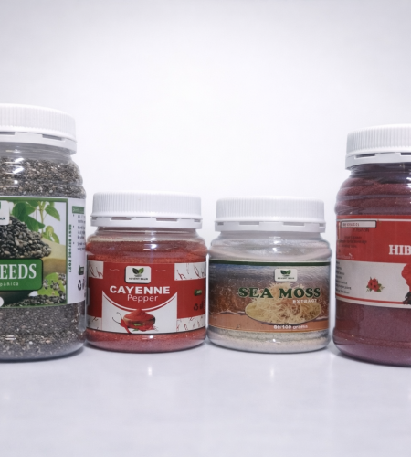 Natural weight loss herbal supplements bundle with chia seeds, cayenne pepper, sea moss and hibiscus tea